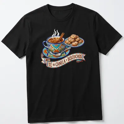 Illustration of a tea cup with cinnamon stick and cookies in vibrant colors.