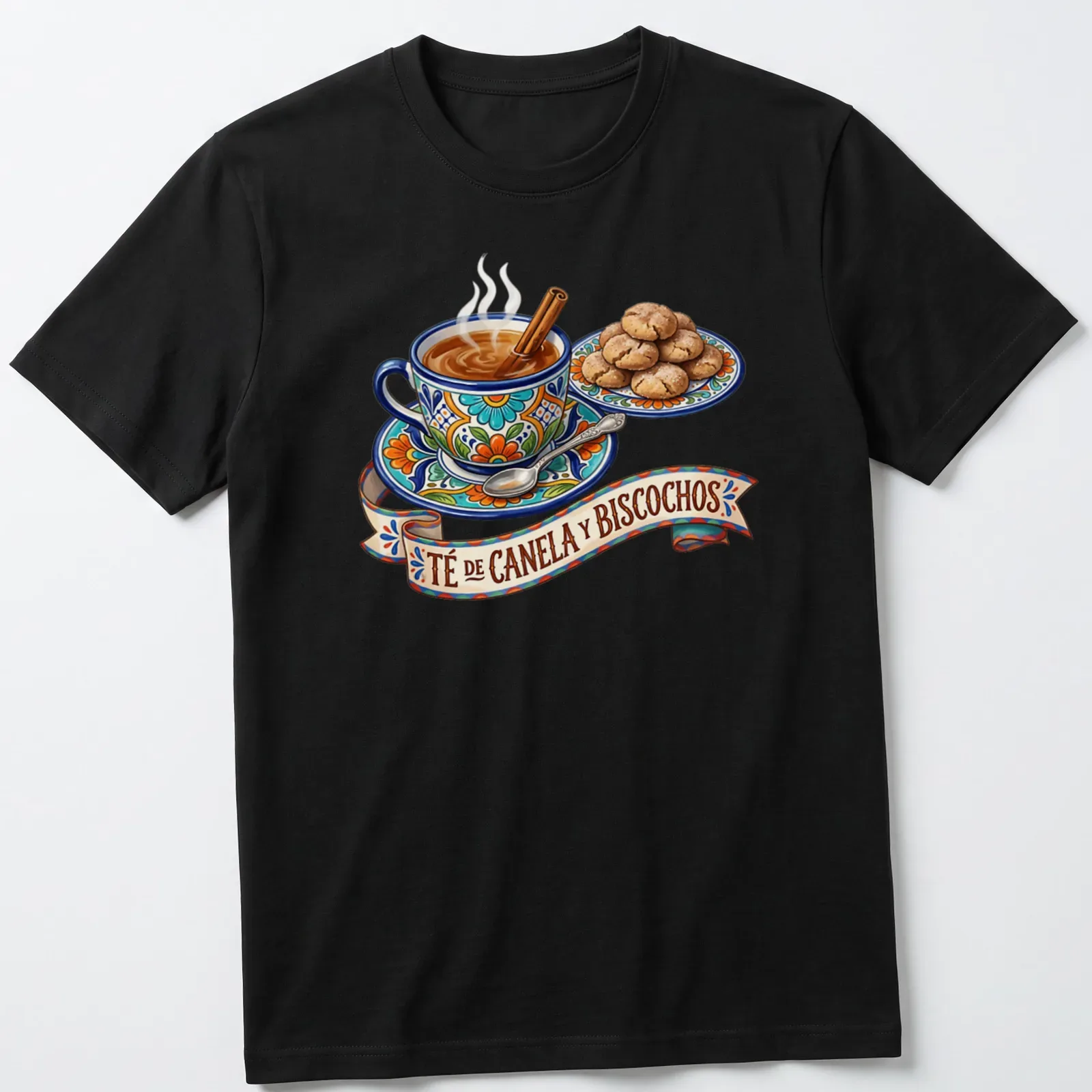 Illustration of a tea cup with cinnamon stick and cookies in vibrant colors. — printed on a unisex t-shirt