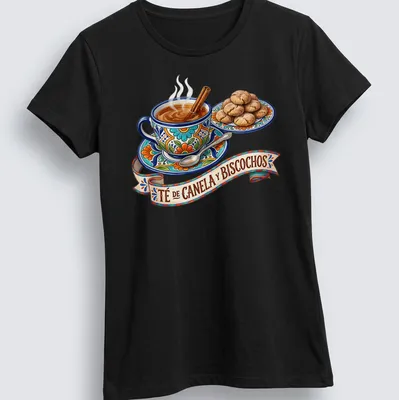 Illustration of a tea cup with cinnamon stick and cookies in vibrant colors. — printed on a women's shirt