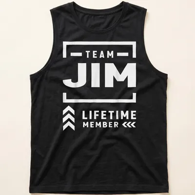 Bold typography 'TEAM JIM LIFETIME MEMBER' on black and white — printed on a tank top