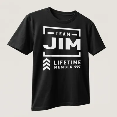 Bold typography 'TEAM JIM LIFETIME MEMBER' on black and white — printed on a unisex t-shirt (angled view)