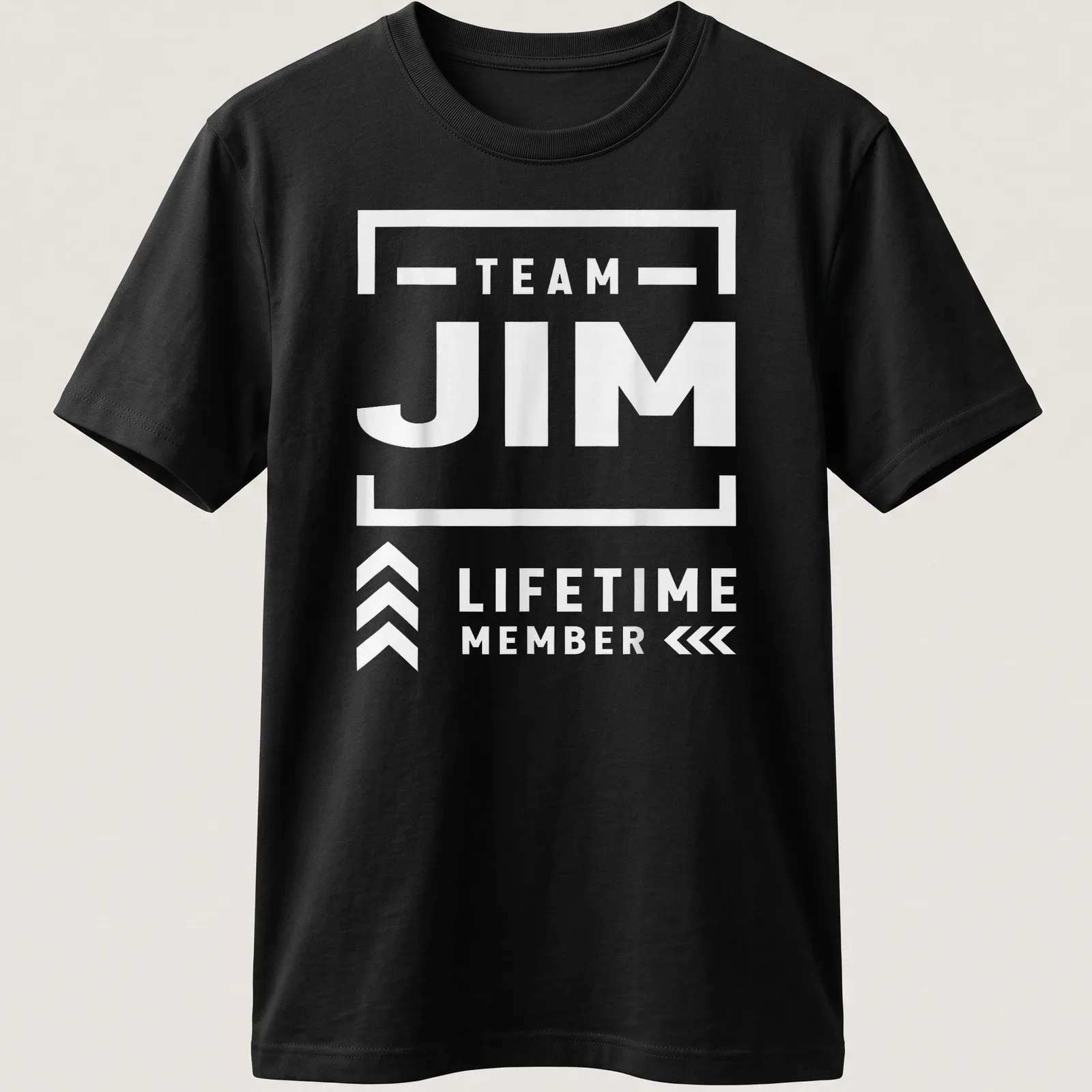 Bold typography 'TEAM JIM LIFETIME MEMBER' on black and white — printed on a unisex t-shirt