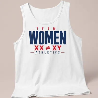 Bold typography T-shirt with navy blue background and red and white text promoting women's athletics. — printed on a tank top