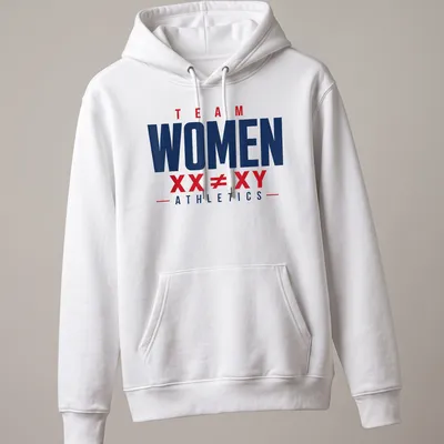 Bold typography T-shirt with navy blue background and red and white text promoting women's athletics. — printed on a unisex hoodie