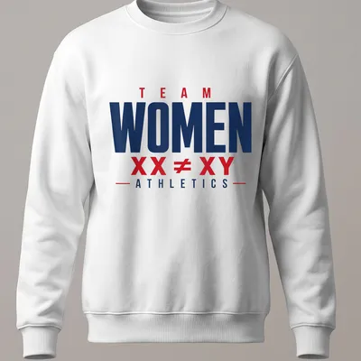 Bold typography T-shirt with navy blue background and red and white text promoting women's athletics. — printed on a unisex sweatshirt