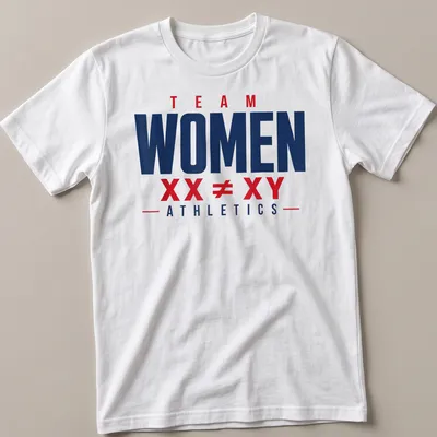 Bold typography T-shirt with navy blue background and red and white text promoting women's athletics.