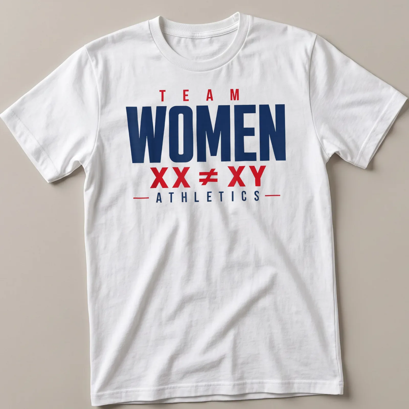 Bold typography T-shirt with navy blue background and red and white text promoting women's athletics. — printed on a unisex t-shirt