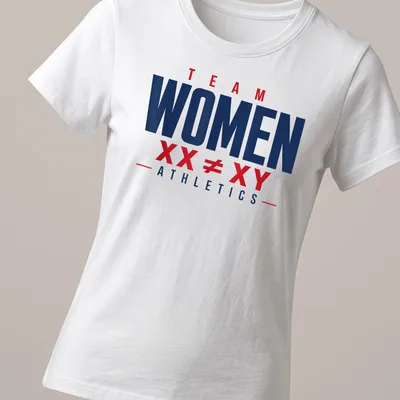 Bold typography T-shirt with navy blue background and red and white text promoting women's athletics. — printed on a women's shirt