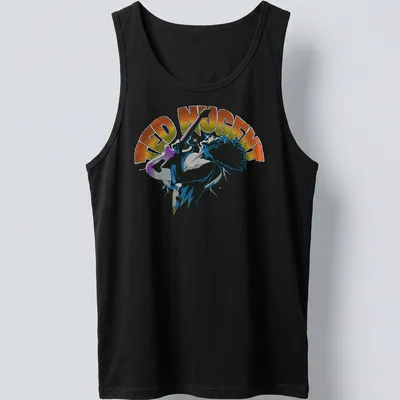Vibrant electric guitar player art on a Ted Nugent t-shirt in orange and blue hues — printed on a tank top