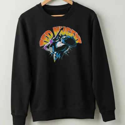 Vibrant electric guitar player art on a Ted Nugent t-shirt in orange and blue hues — printed on a unisex sweatshirt