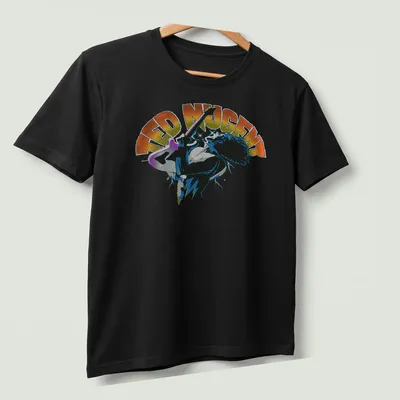 Vibrant electric guitar player art on a Ted Nugent t-shirt in orange and blue hues — printed on a unisex t-shirt (angled view)