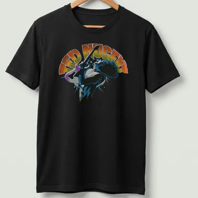 Vibrant electric guitar player art on a Ted Nugent t-shirt in orange and blue hues — printed on a unisex t-shirt