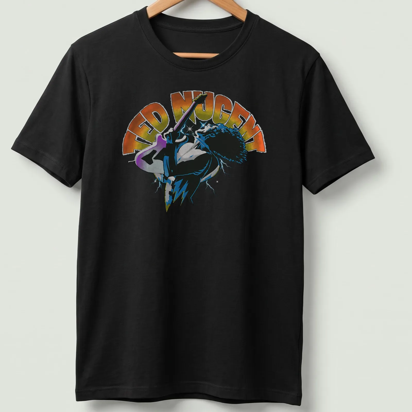 Vibrant electric guitar player art on a Ted Nugent t-shirt in orange and blue hues — printed on a unisex t-shirt