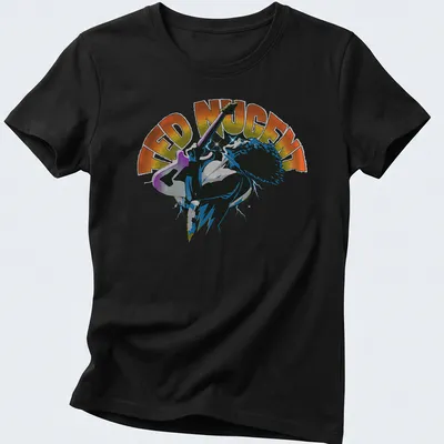 Vibrant electric guitar player art on a Ted Nugent t-shirt in orange and blue hues — printed on a women's shirt