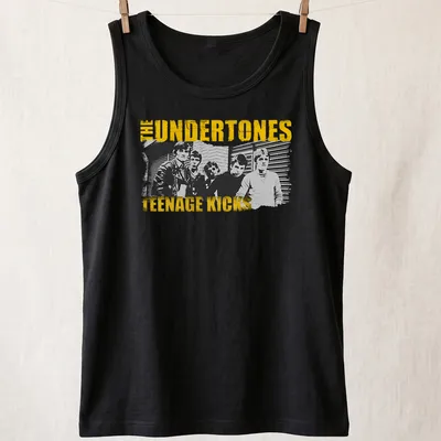 Vintage distressed shirt featuring The Undertones Teenage Kicks graphic in yellow, black, and white — printed on a tank top