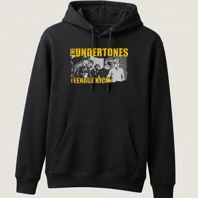 Vintage distressed shirt featuring The Undertones Teenage Kicks graphic in yellow, black, and white — printed on a unisex hoodie