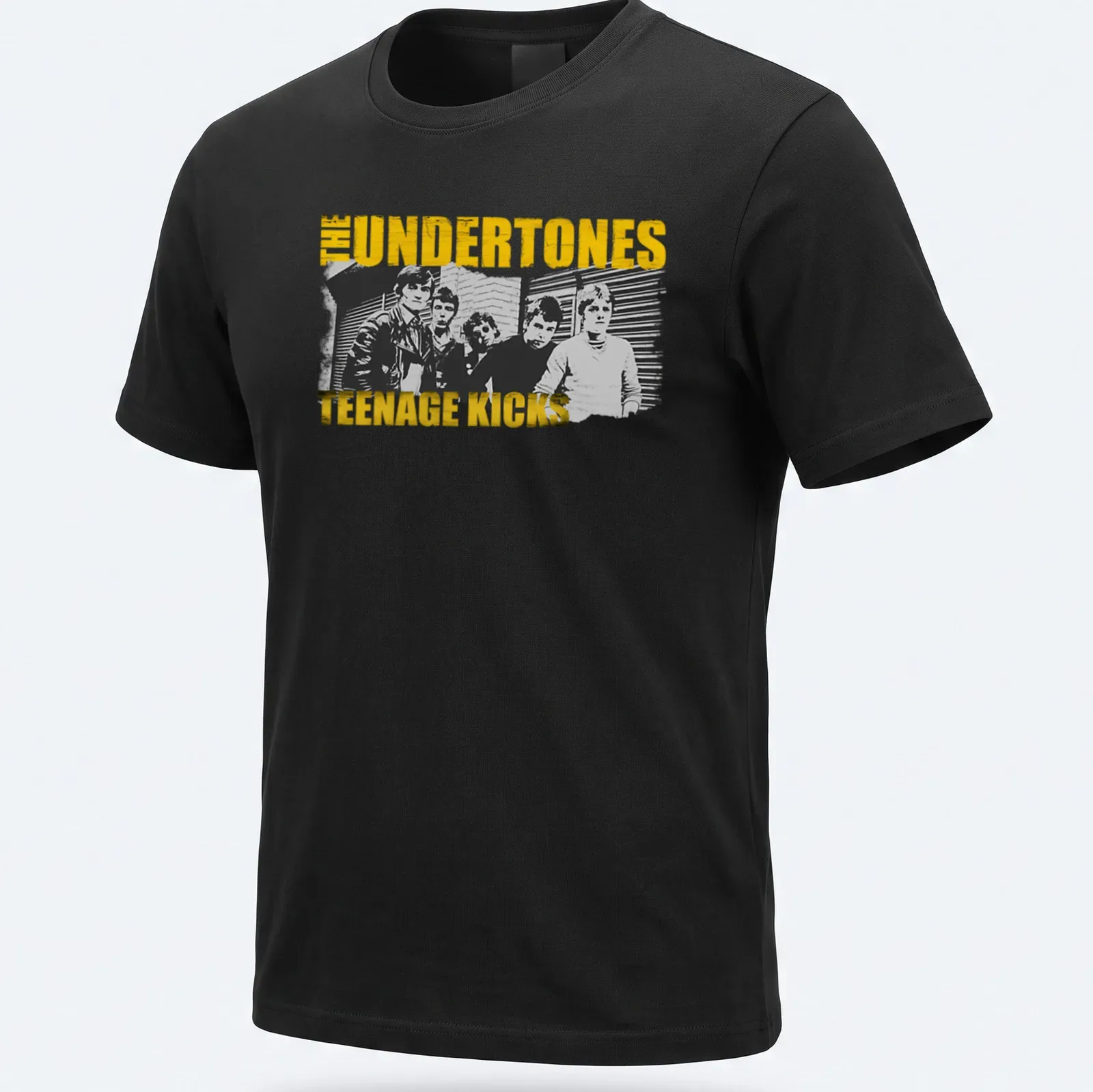 Vintage distressed shirt featuring The Undertones Teenage Kicks graphic in yellow, black, and white — printed on a unisex t-shirt