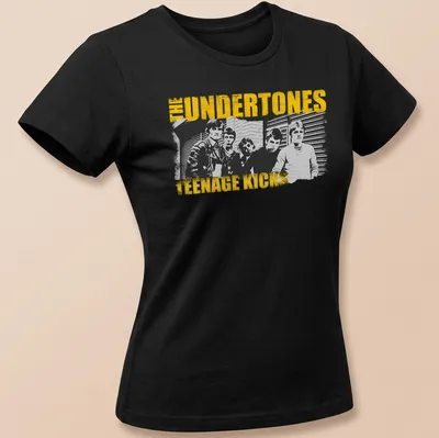 Vintage distressed shirt featuring The Undertones Teenage Kicks graphic in yellow, black, and white — printed on a women's shirt