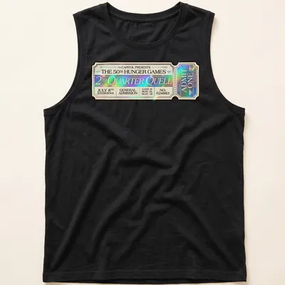 Vintage ticket graphic featuring details from the Hunger Games 50th Quarter Quell — printed on a tank top