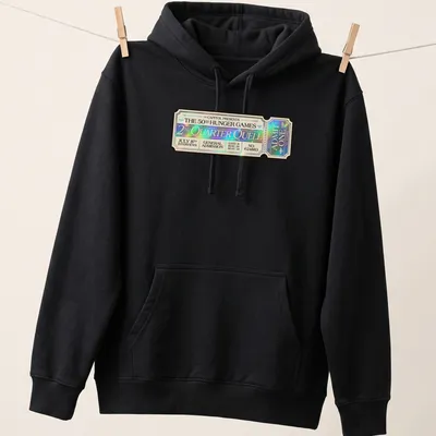 Vintage ticket graphic featuring details from the Hunger Games 50th Quarter Quell — printed on a unisex hoodie
