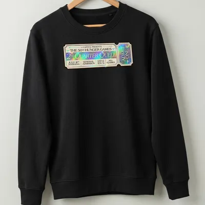 Vintage ticket graphic featuring details from the Hunger Games 50th Quarter Quell — printed on a unisex sweatshirt