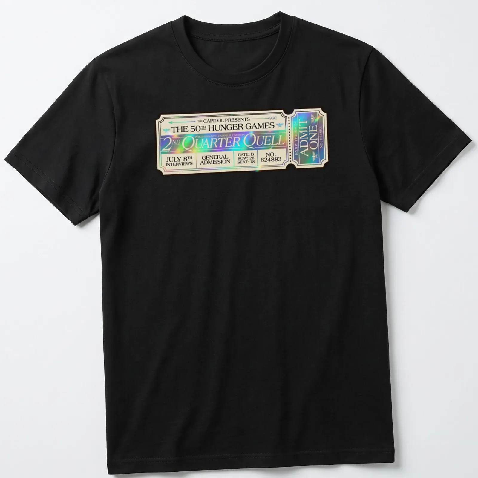 Vintage ticket graphic featuring details from the Hunger Games 50th Quarter Quell — printed on a unisex t-shirt