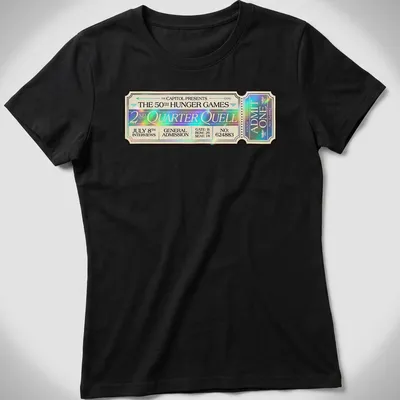 Vintage ticket graphic featuring details from the Hunger Games 50th Quarter Quell — printed on a women's shirt