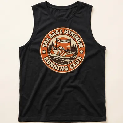 Retro t-shirt featuring a vintage running shoe and playful text about a running club — printed on a tank top