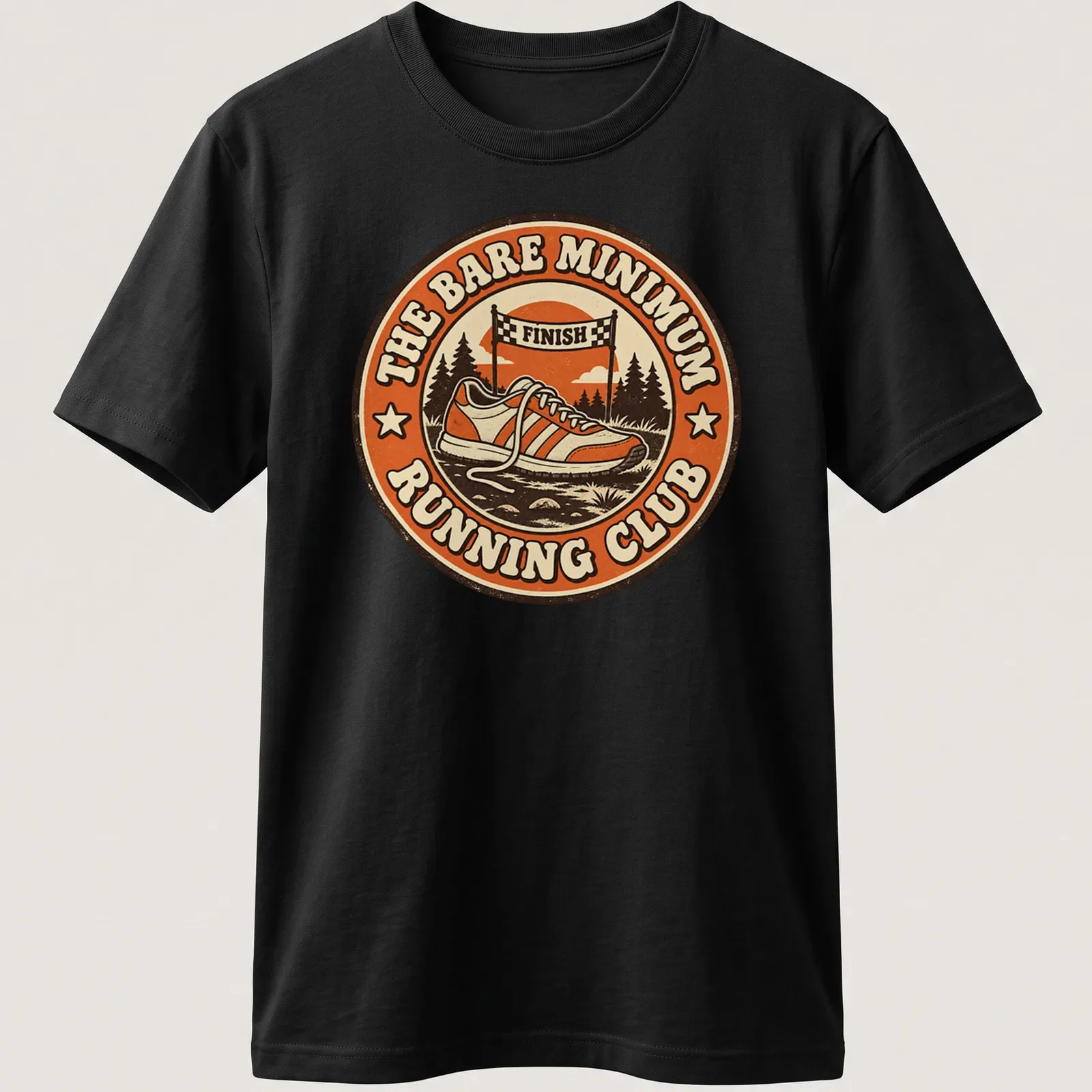 Retro t-shirt featuring a vintage running shoe and playful text about a running club — printed on a unisex t-shirt