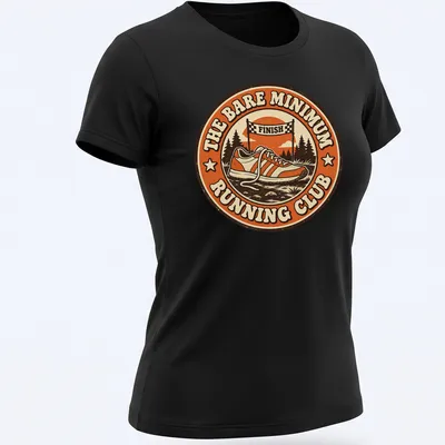 Retro t-shirt featuring a vintage running shoe and playful text about a running club — printed on a women's shirt