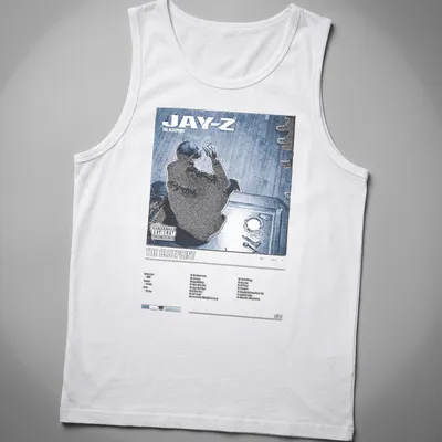 Jay-Z album cover graphic on a T-shirt featuring bold text and colors — printed on a tank top
