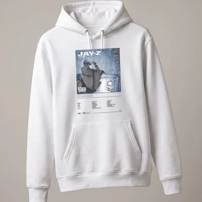 Jay-Z album cover graphic on a T-shirt featuring bold text and colors — printed on a unisex hoodie