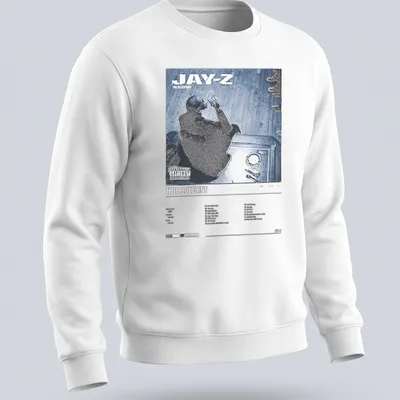 Jay-Z album cover graphic on a T-shirt featuring bold text and colors — printed on a unisex sweatshirt