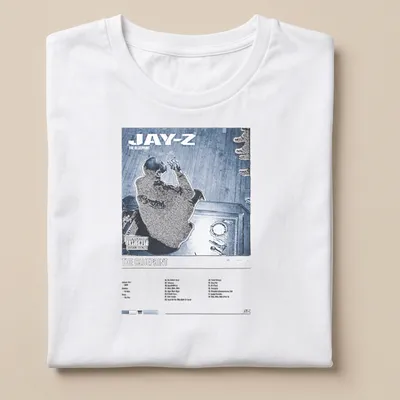 Jay-Z album cover graphic on a T-shirt featuring bold text and colors