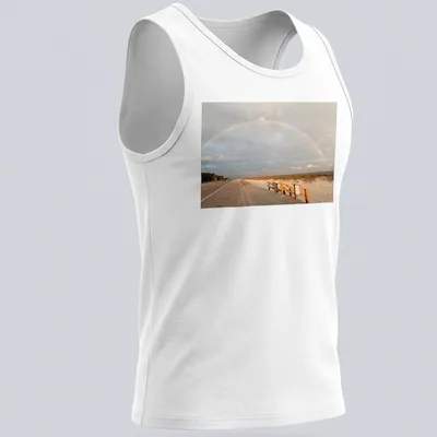 Illustration of a rainbow over a beach landscape with blue and green hues. — printed on a tank top