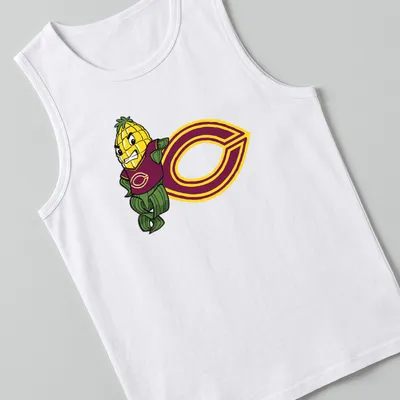 Cartoon corn mascot with text 'The Concordia Mhead Cobbers' in maroon and green — printed on a tank top