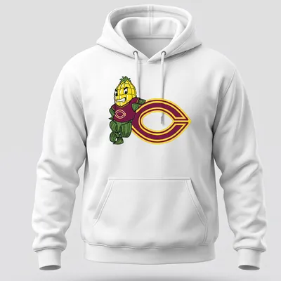 Cartoon corn mascot with text 'The Concordia Mhead Cobbers' in maroon and green — printed on a unisex hoodie