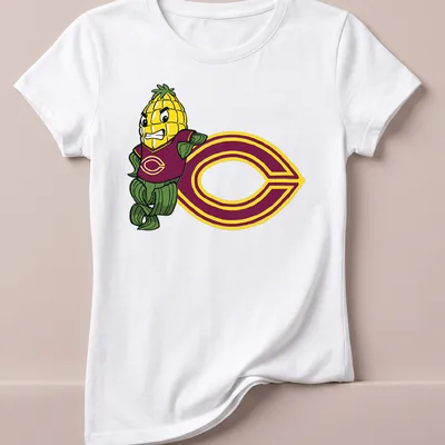Cartoon corn mascot with text 'The Concordia Mhead Cobbers' in maroon and green — printed on a women's shirt