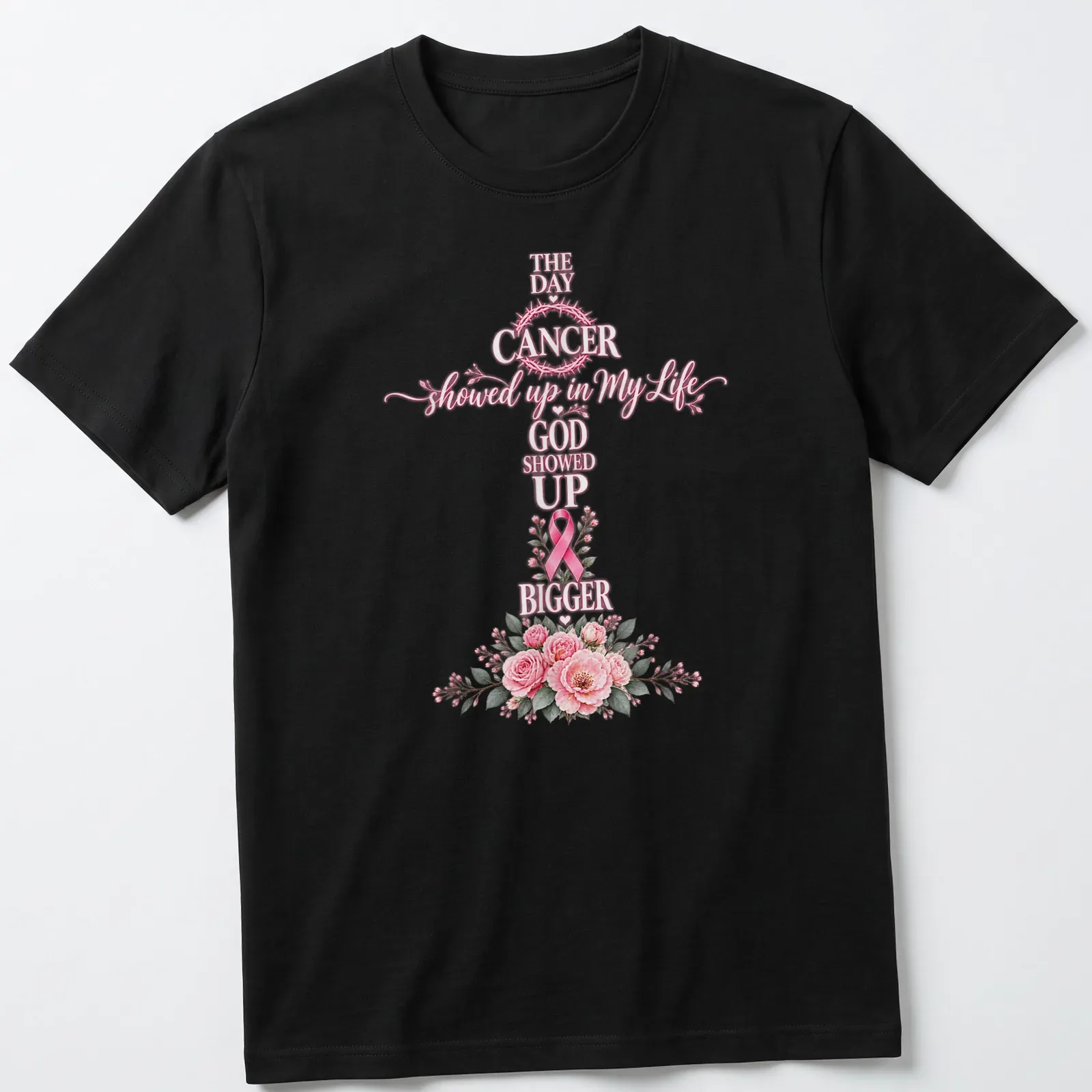 Floral shirt with a cross, pink ribbon, and script that reads about faith in the face of cancer — printed on a unisex t-shirt