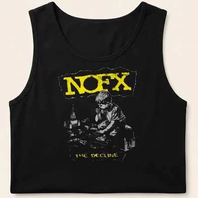 Grunge-style t-shirt with a boy playing with toy tanks and NOFX text — printed on a tank top