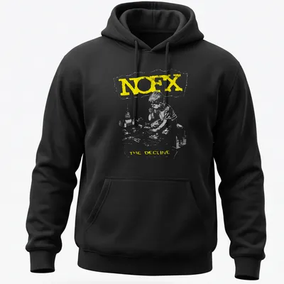 Grunge-style t-shirt with a boy playing with toy tanks and NOFX text — printed on a unisex hoodie