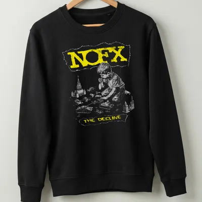 Grunge-style t-shirt with a boy playing with toy tanks and NOFX text — printed on a unisex sweatshirt