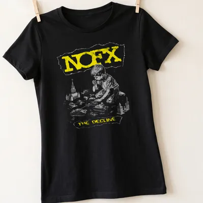 Grunge-style t-shirt with a boy playing with toy tanks and NOFX text — printed on a women's shirt