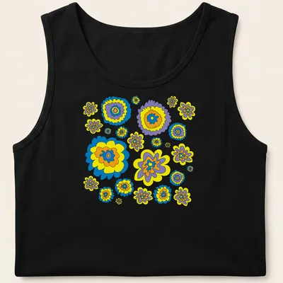 Graphic t-shirt featuring colorful flowers in blue, yellow, purple, and orange — printed on a tank top