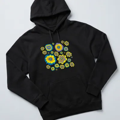 Graphic t-shirt featuring colorful flowers in blue, yellow, purple, and orange — printed on a unisex hoodie