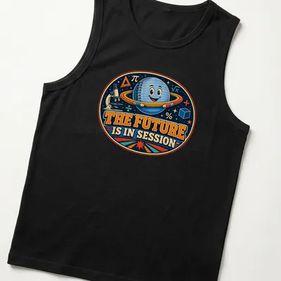 Retro shirt featuring a smiling space planet with the phrase 'The Future Is In Session' — printed on a tank top