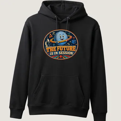 Retro shirt featuring a smiling space planet with the phrase 'The Future Is In Session' — printed on a unisex hoodie