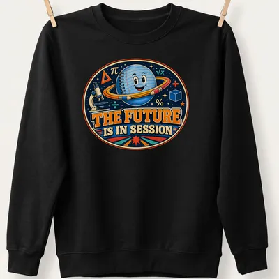 Retro shirt featuring a smiling space planet with the phrase 'The Future Is In Session' — printed on a unisex sweatshirt