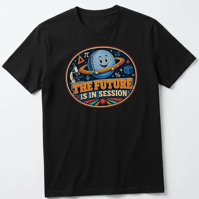 Retro shirt featuring a smiling space planet with the phrase 'The Future Is In Session'