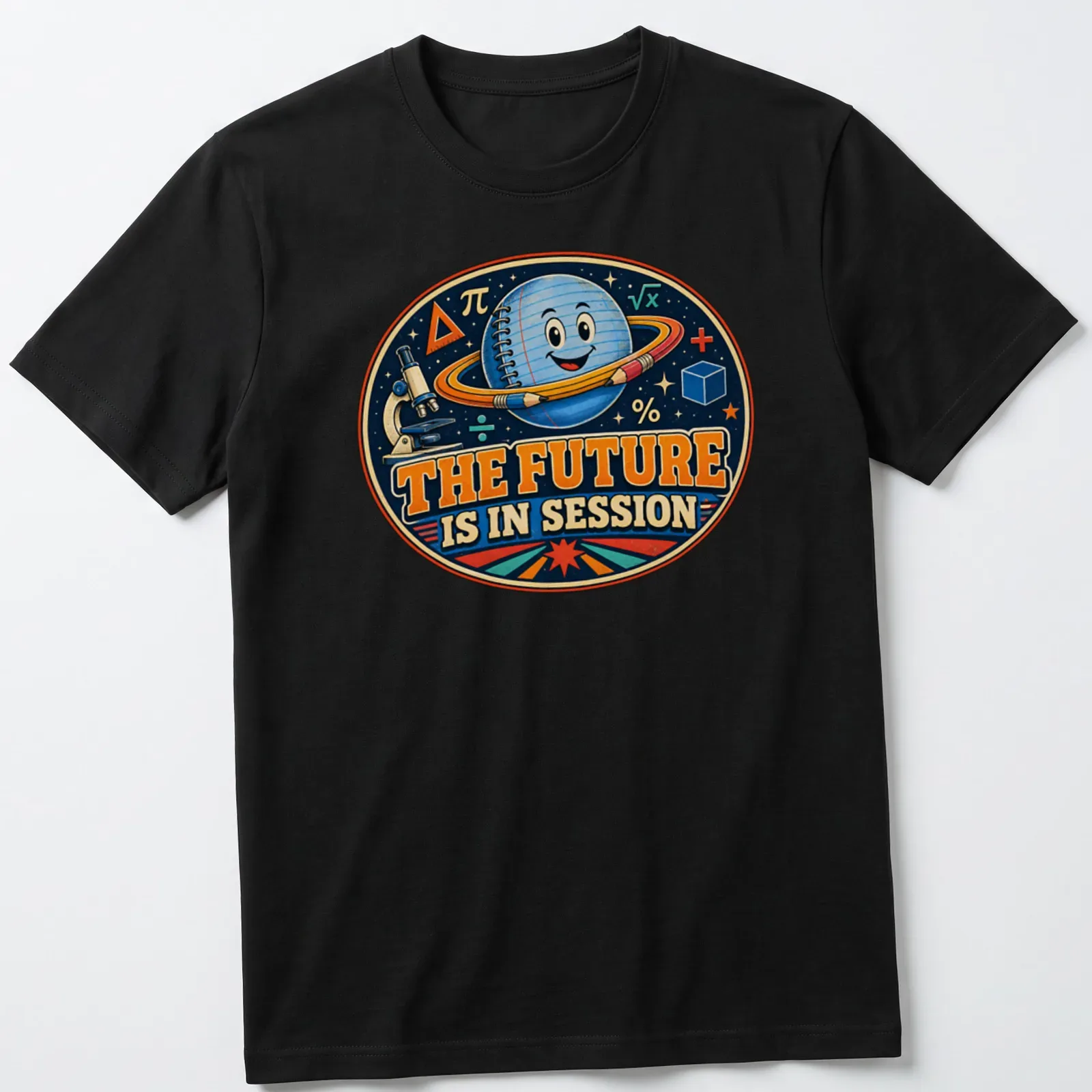Retro shirt featuring a smiling space planet with the phrase 'The Future Is In Session' — printed on a unisex t-shirt